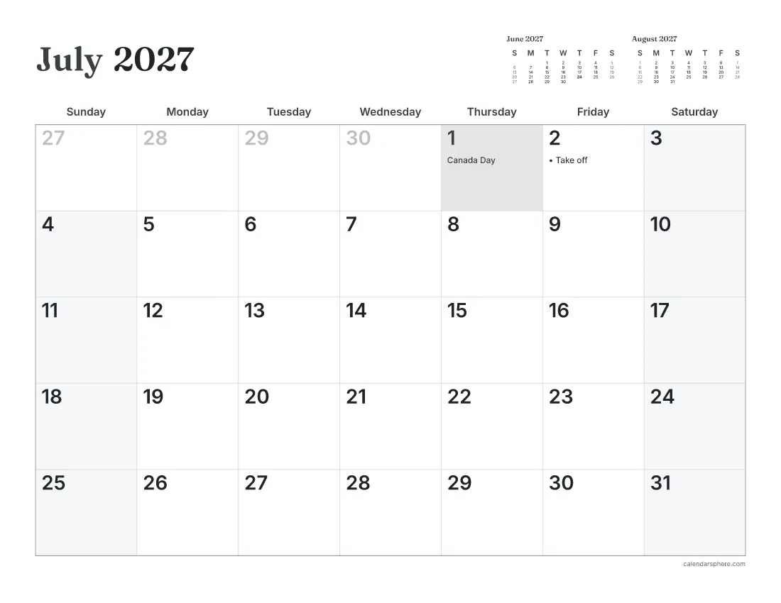 July 2027 calendar for Quebec with Canada Day on Thursday July 1 and Friday July 2 marked as a day to take off