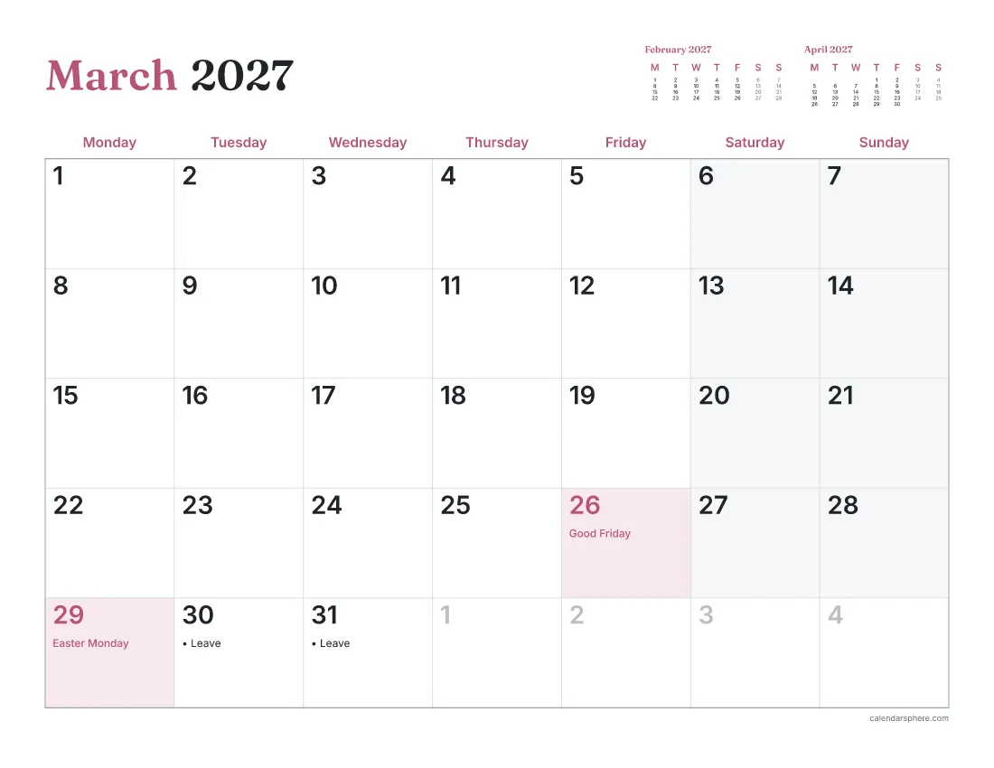 March 2027 calendar for England and Wales with Good Friday on 26 March, Easter Monday on 29 March and leave marked on 30 and 31 March