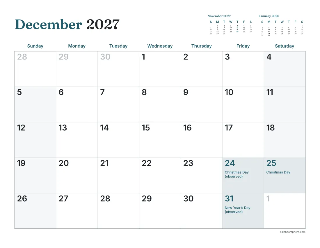December 2027 calendar with Christmas Day observed on Friday December 24 and New Year’s Day 2028 observed on Friday December 31