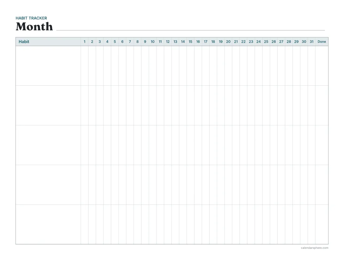 Blank habit tracker with five habit rows, 31 numbered day boxes and a Done column for the month’s total