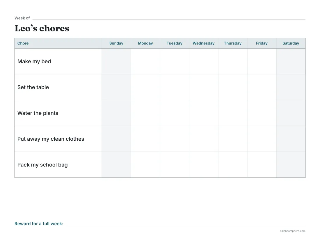Weekly chore chart for Leo, age 5 to 6, with five jobs including making the bed, setting the table and packing the school bag