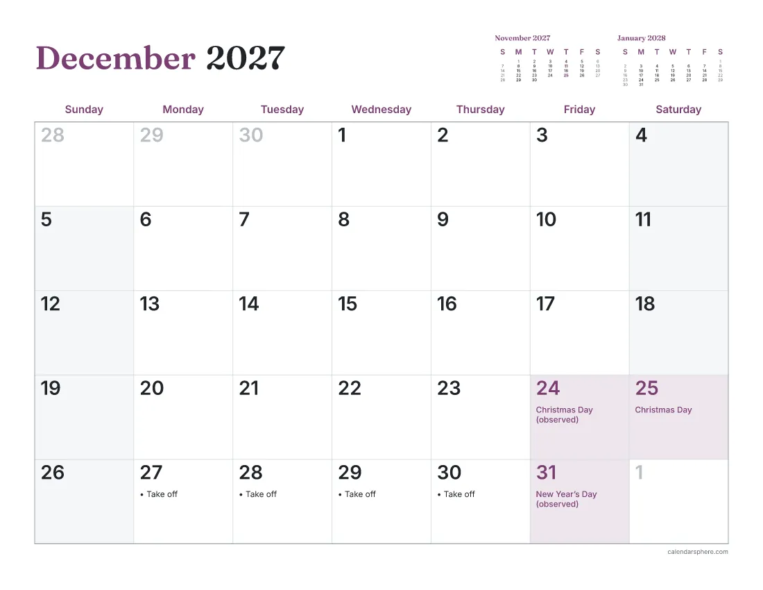 December 2027 calendar with Christmas observed on Friday December 24, New Year’s Day 2028 observed on Friday December 31, and December 27 to 30 marked as leave days