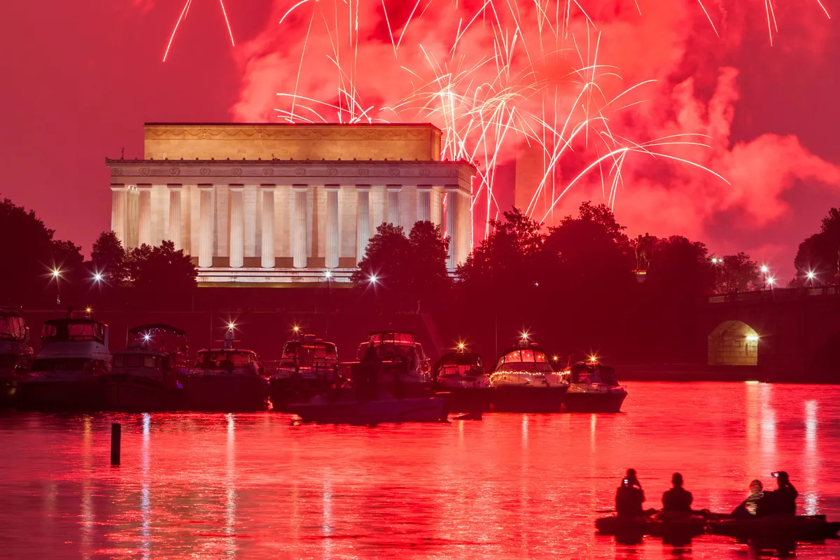 Fourth of July fireworks over the Lincoln Memorial in Washington, D.C.