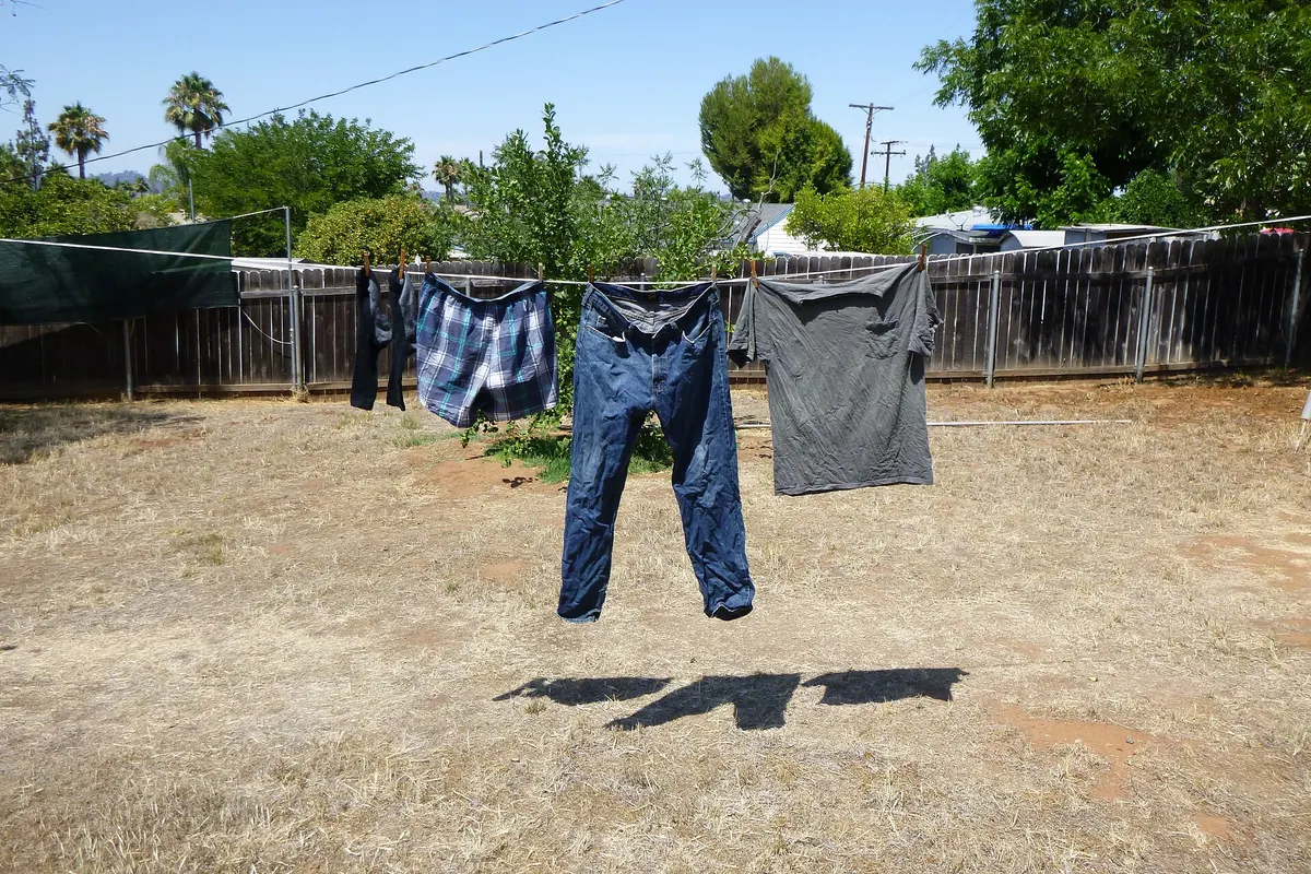 Jeans and shirts drying on a washing line in a sunny garden