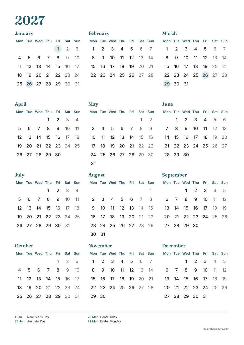 Printable 2027 calendar with Australian public holidays highlighted, on A4 paper