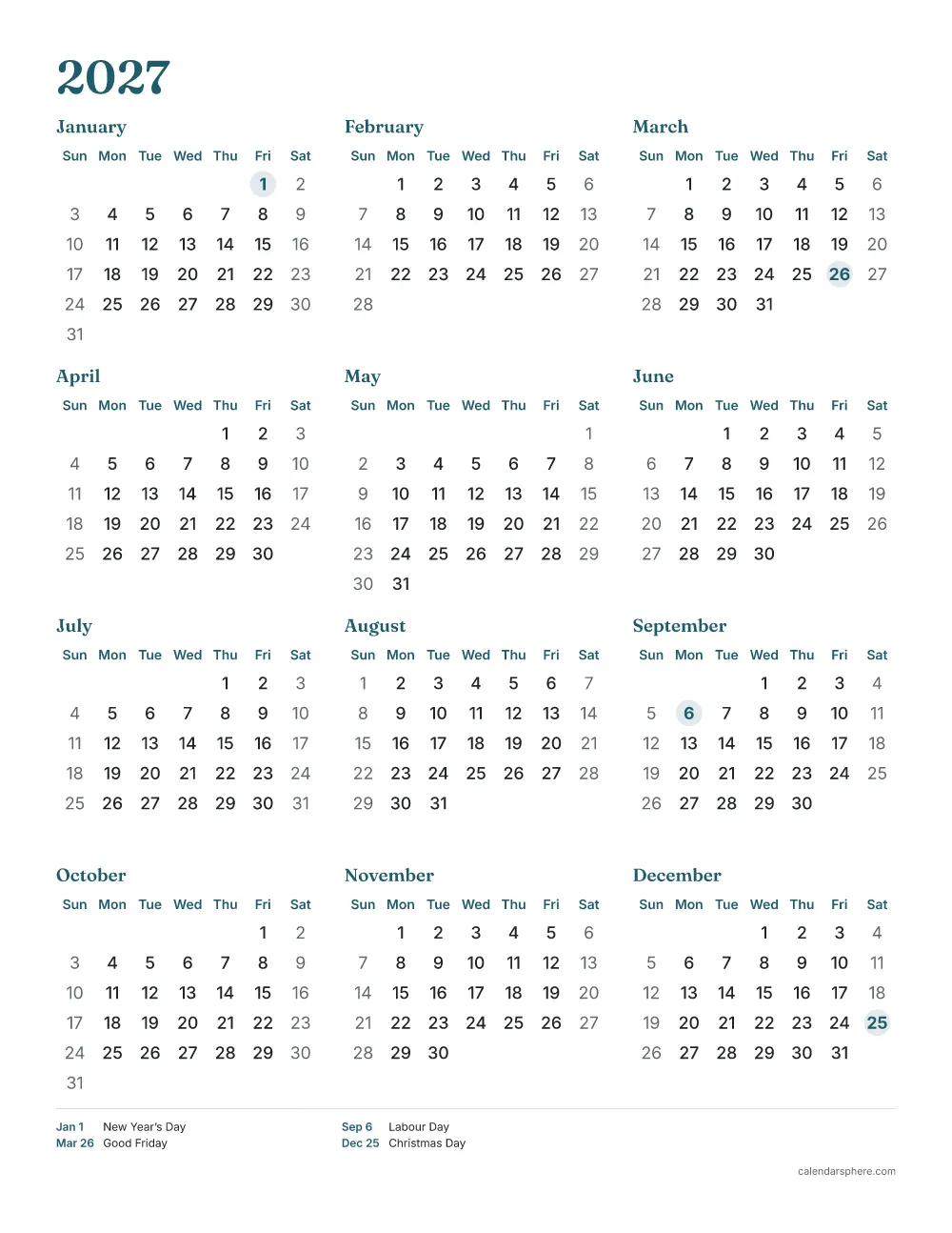 Printable 2027 calendar with Canadian holidays highlighted, on Letter paper