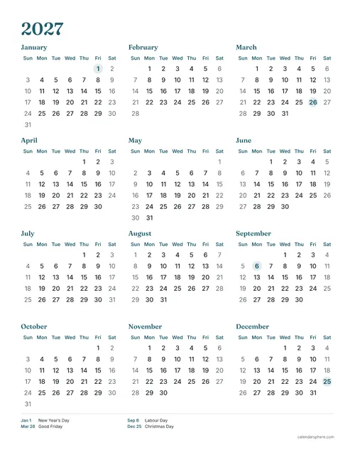 Printable 2027 calendar with Canadian holidays highlighted, on Letter paper