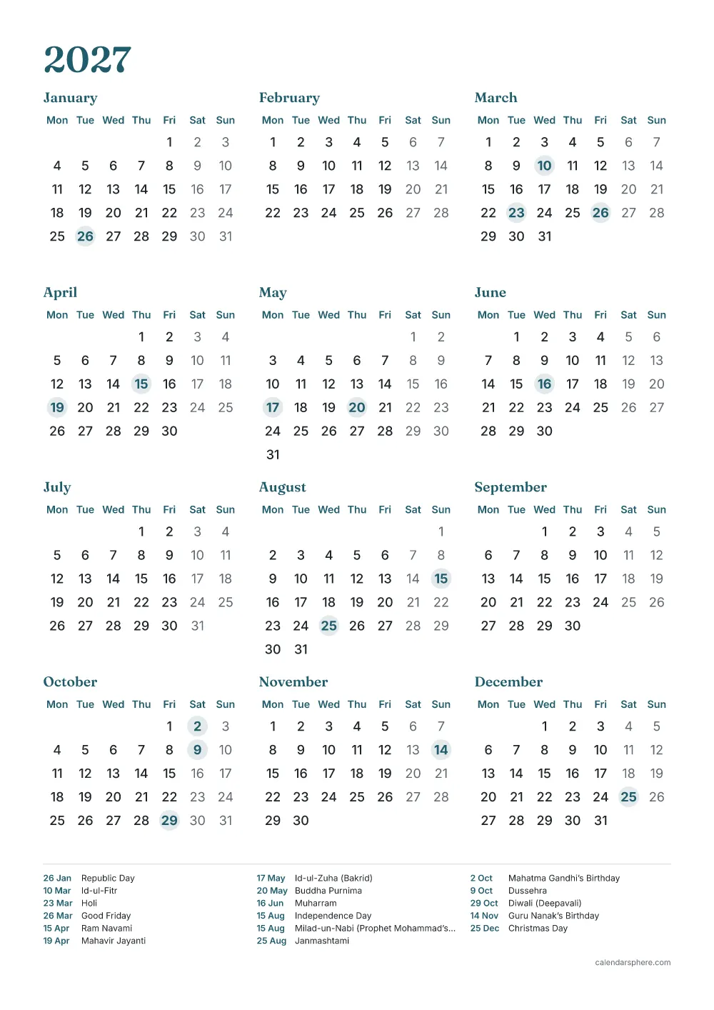 Printable 2027 calendar with Indian holidays highlighted, on A4 paper