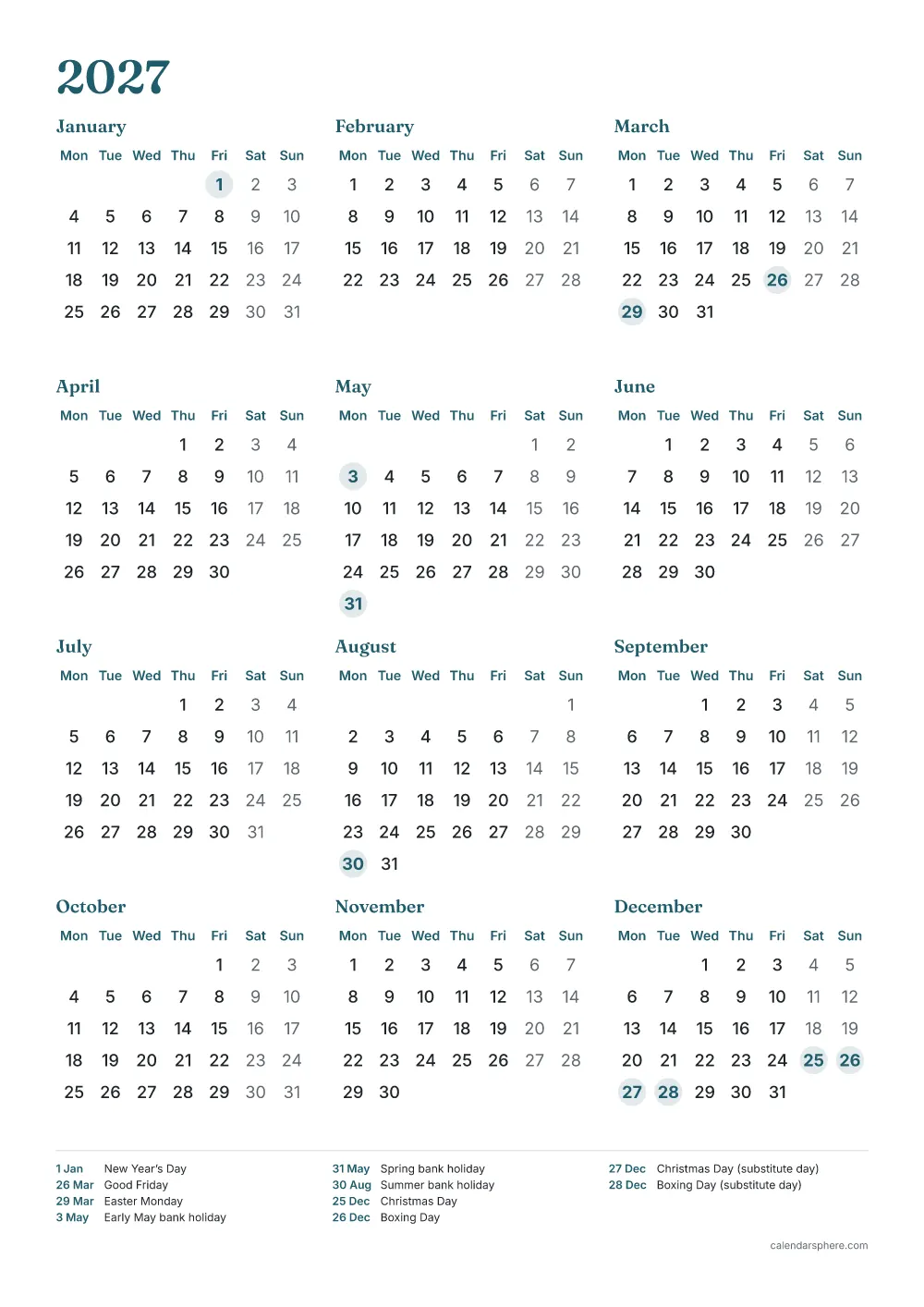 Printable 2027 calendar with UK bank holidays highlighted, on A4 paper