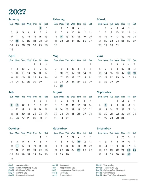 Printable 2027 calendar with US federal holidays highlighted, on Letter paper