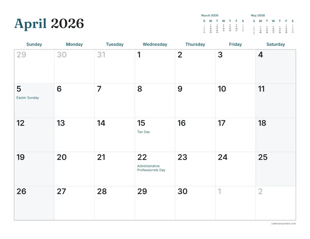 Printable April 2026 calendar in landscape, starting on Wednesday, with US holidays written in