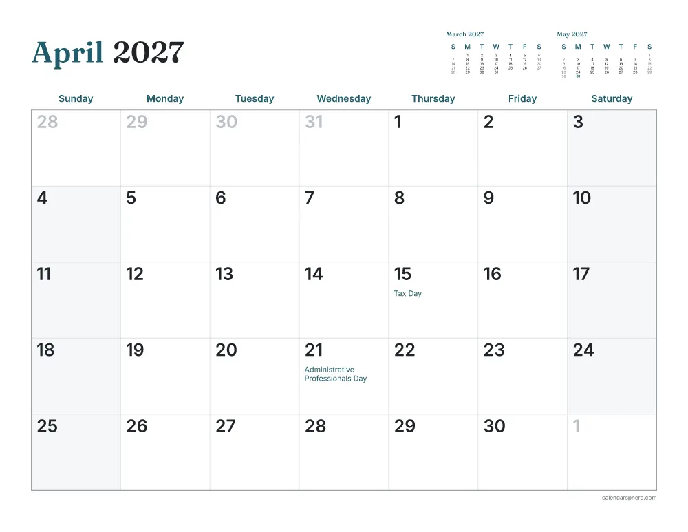 Printable April 2027 calendar in landscape, starting on Thursday, with US holidays written in