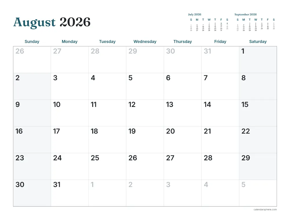 Printable August 2026 calendar in landscape, starting on Saturday, with US holidays written in