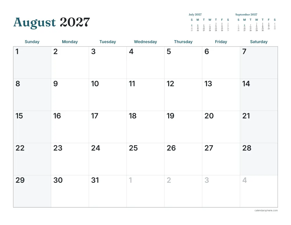 Printable August 2027 calendar in landscape, starting on Sunday, with US holidays written in