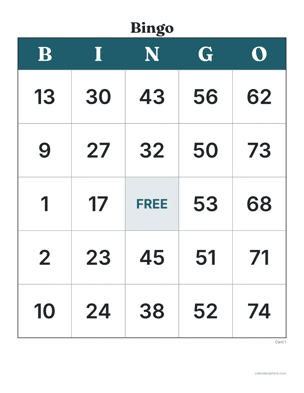 Bingo card from the bingo card generator, with B I N G O letters, numbers 1 to 75 and a free space