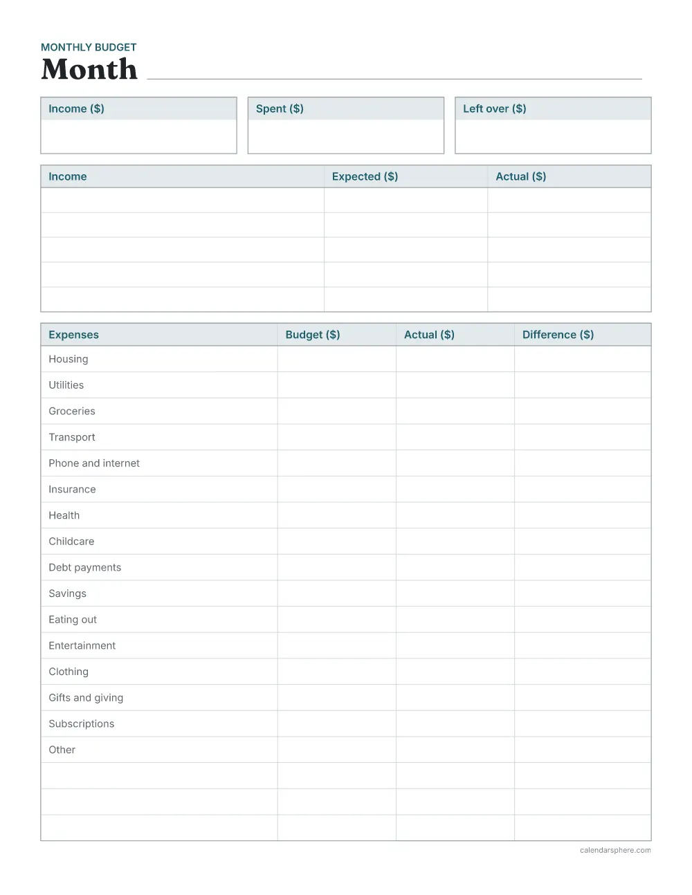 Printable monthly budget planner with income and left-over totals, an income table and an expenses table with common categories