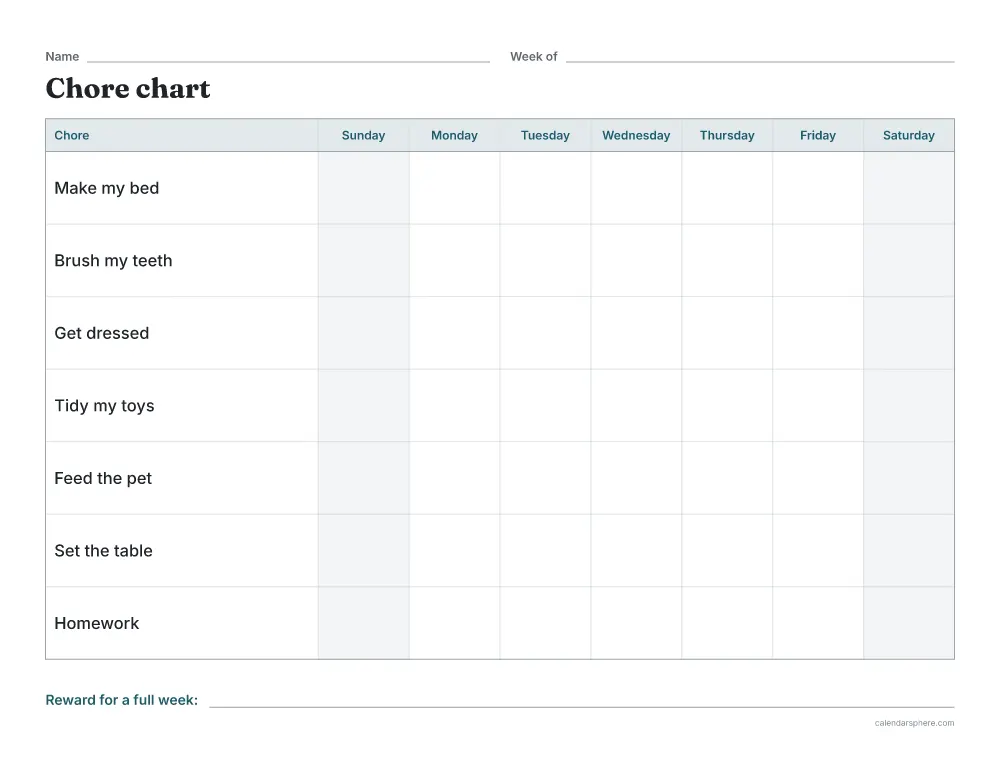 Printable weekly chore chart in landscape with seven chores down the side and a box for each day of the week