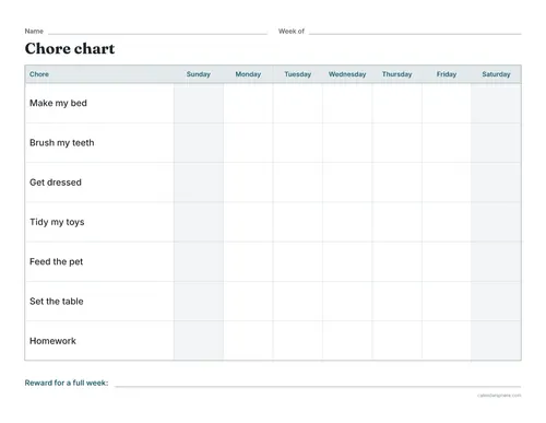 Printable weekly chore chart in landscape with seven chores down the side and a box for each day of the week