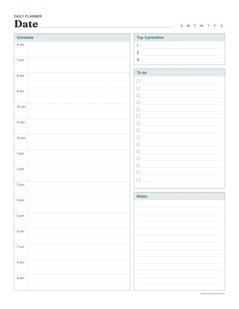 Printable daily planner with an hourly schedule from 6 am to 9 pm, top 3 priorities, a to-do list and notes