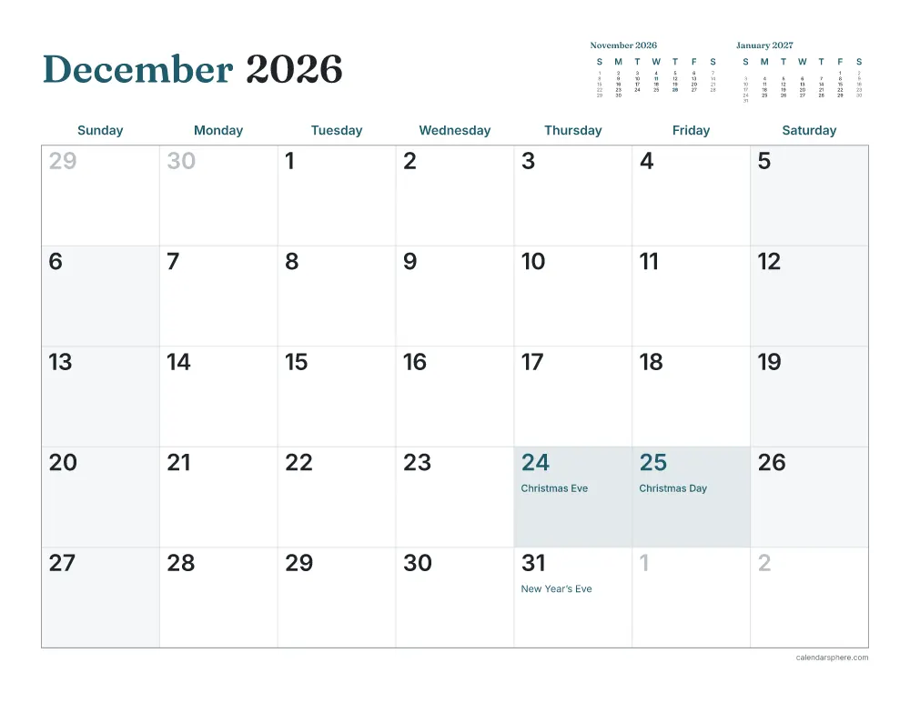 Printable December 2026 calendar in landscape, starting on Tuesday, with US holidays written in