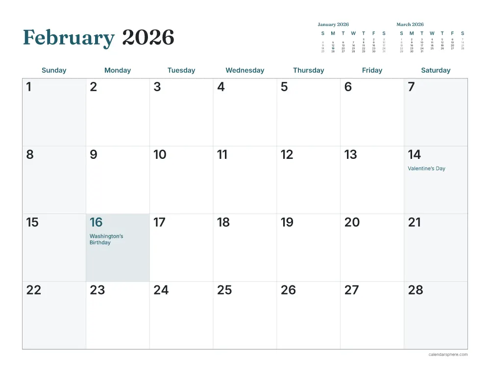 Printable February 2026 calendar in landscape, starting on Sunday, with US holidays written in