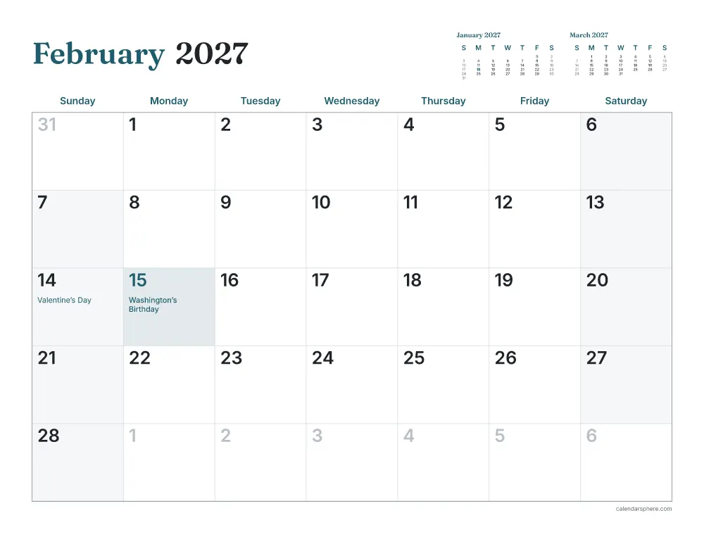 Printable February 2027 calendar in landscape, starting on Monday, with US holidays written in