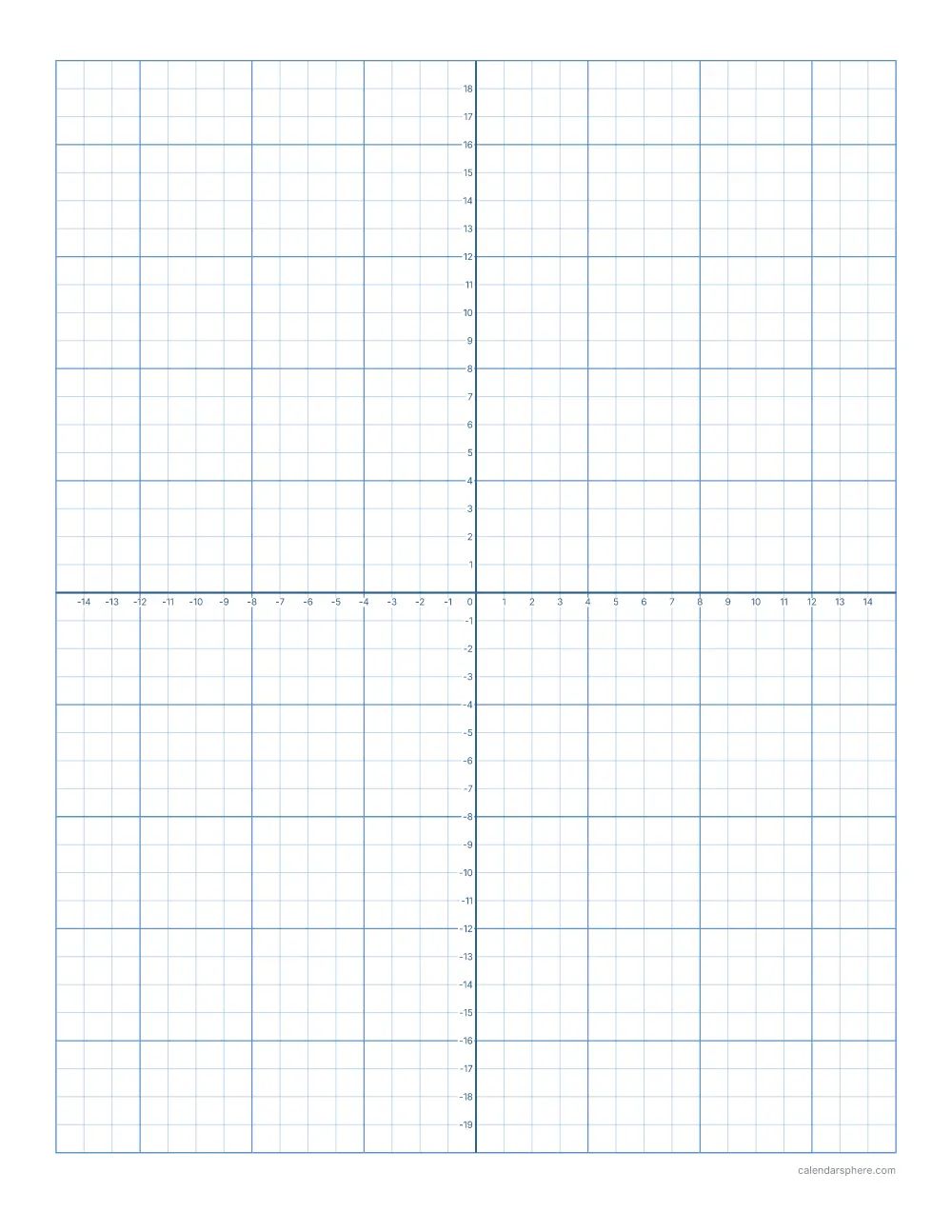 Printable quarter-inch graph paper with heavier inch lines and numbered x and y axes