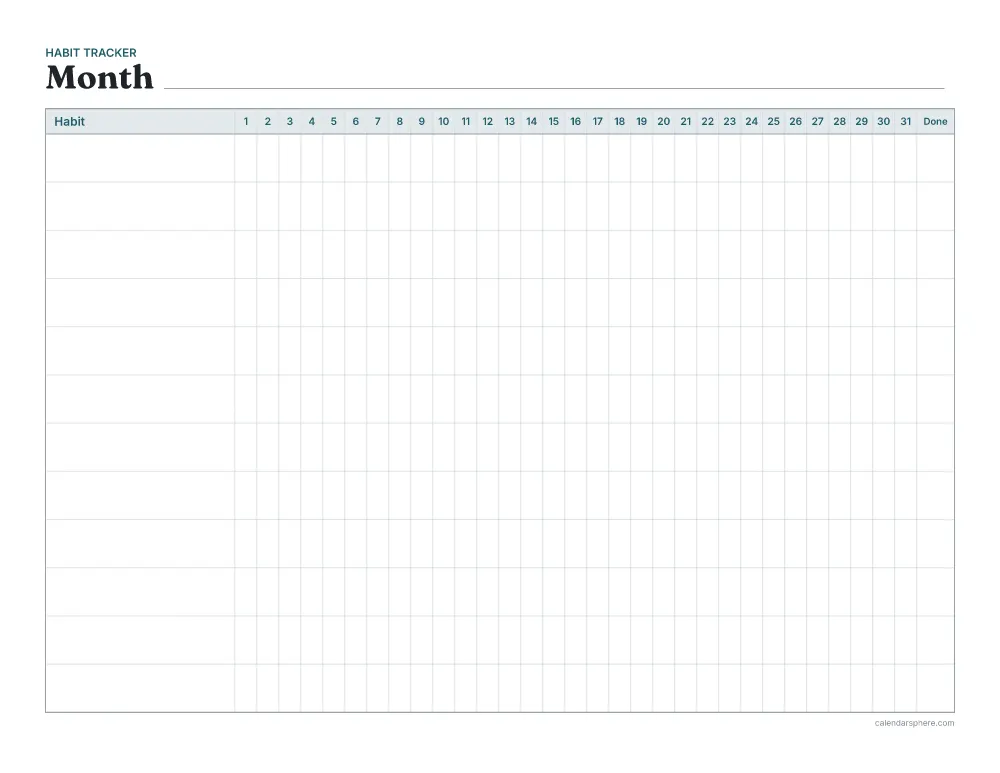 Printable monthly habit tracker in landscape with rows for twelve habits and a column for each day of the month