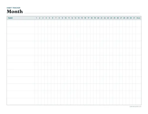 Printable monthly habit tracker in landscape with rows for twelve habits and a column for each day of the month