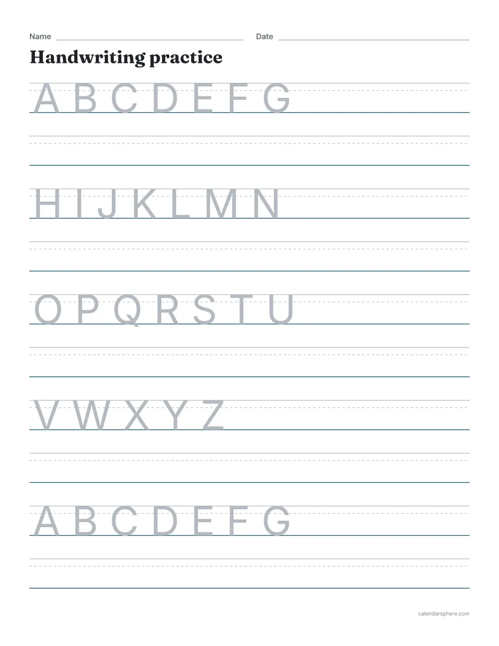 Handwriting practice sheets with faded capital letters to trace on lines with a dashed midline