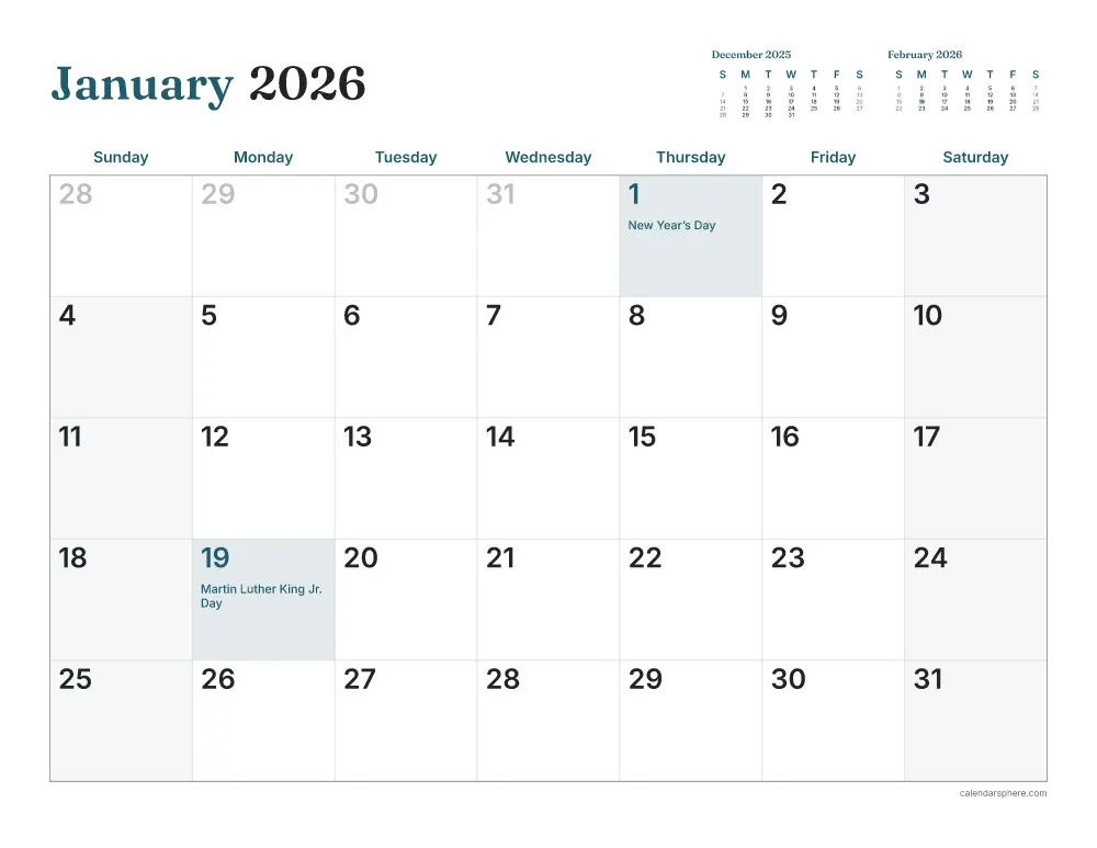Printable January 2026 calendar in landscape, starting on Thursday, with US holidays written in