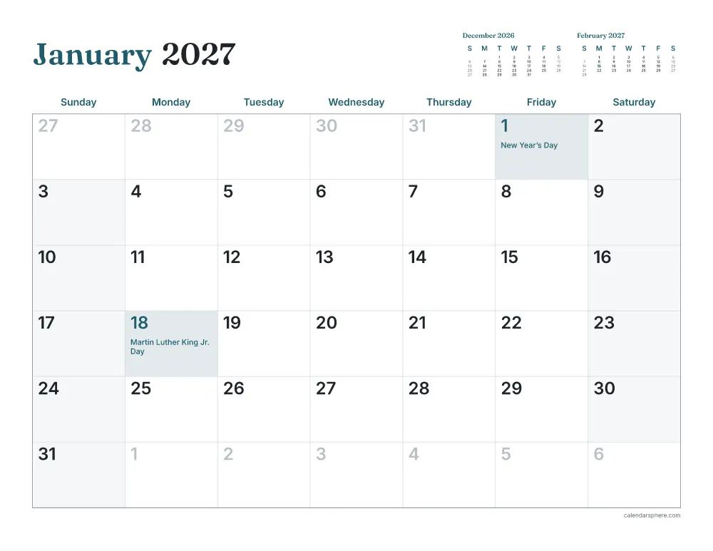Printable January 2027 calendar in landscape, starting on Friday, with US holidays written in