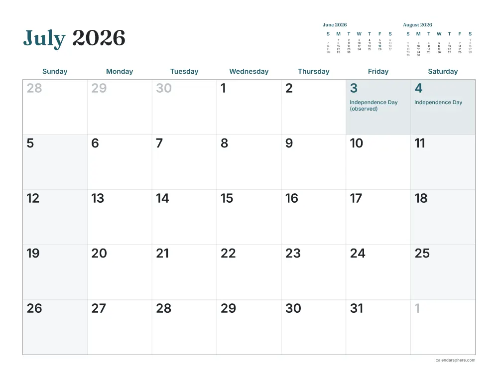 Printable July 2026 calendar in landscape, starting on Wednesday, with US holidays written in