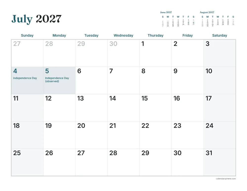 Printable July 2027 calendar in landscape, starting on Thursday, with US holidays written in