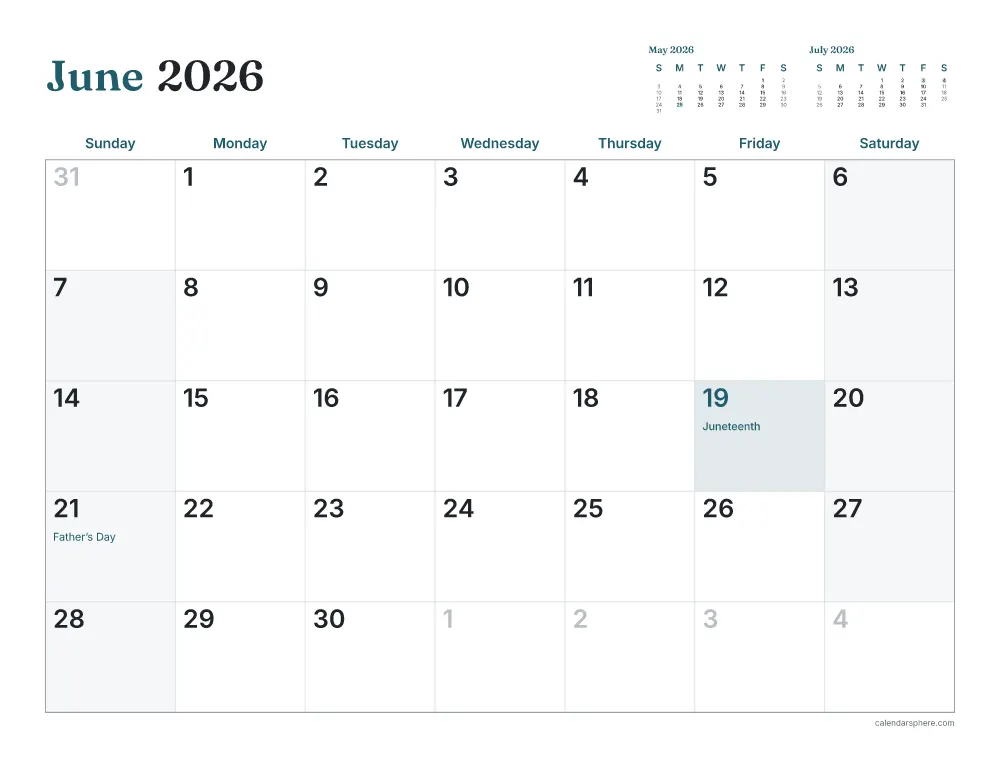 Printable June 2026 calendar in landscape, starting on Monday, with US holidays written in