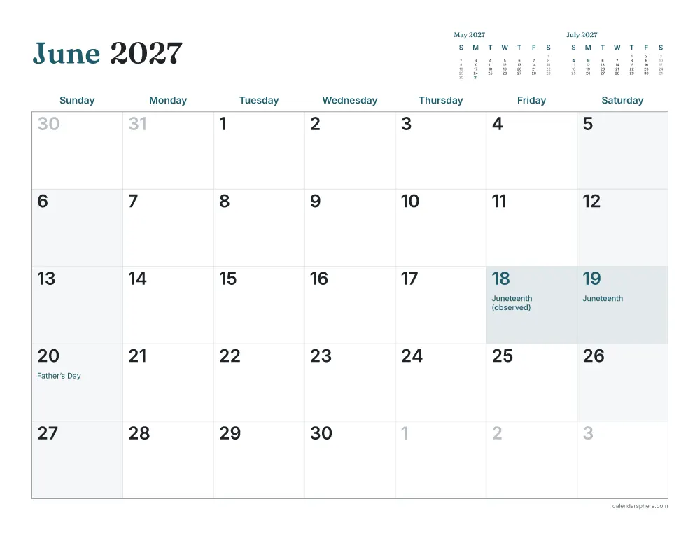 Printable June 2027 calendar in landscape, starting on Tuesday, with US holidays written in