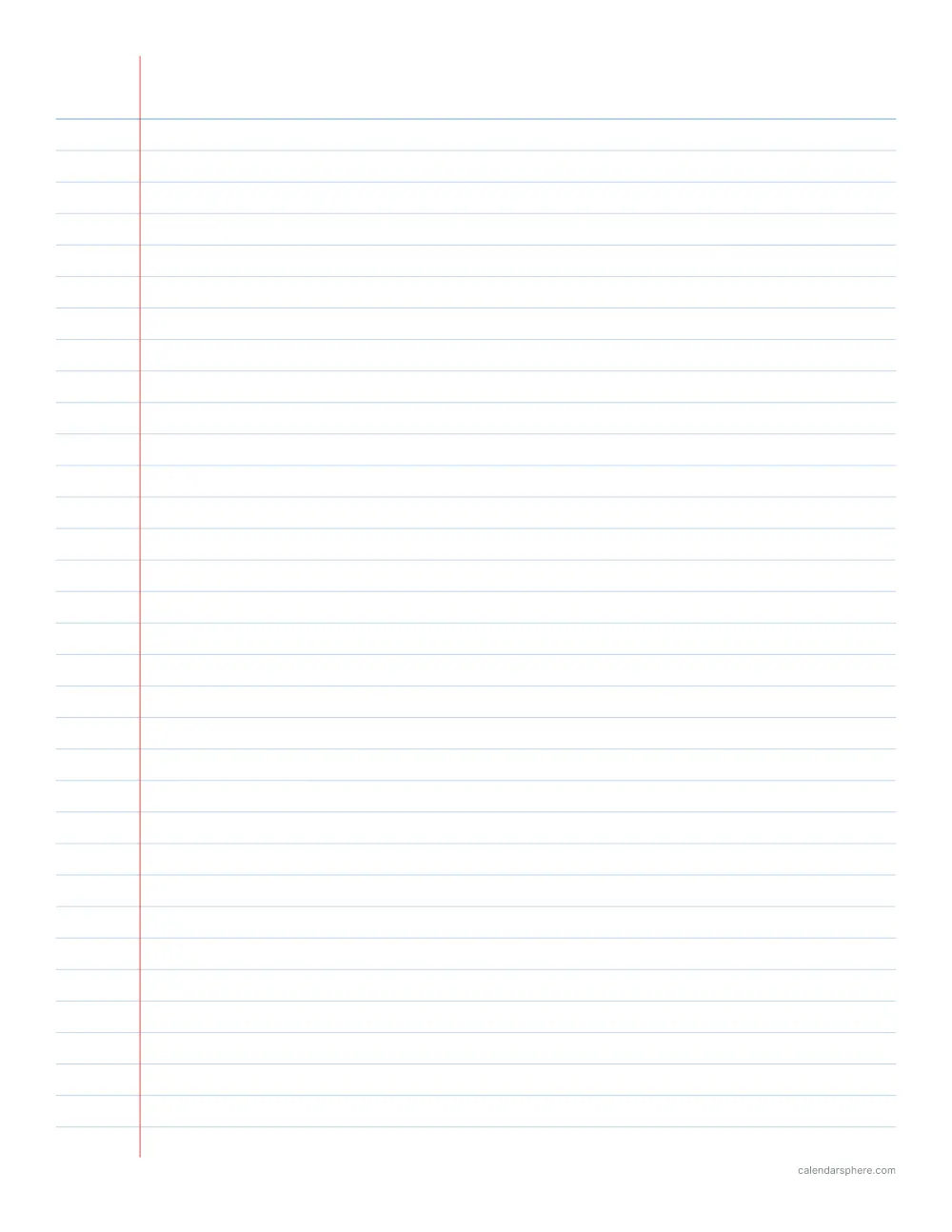 Printable college ruled lined paper with light blue lines and a red margin line