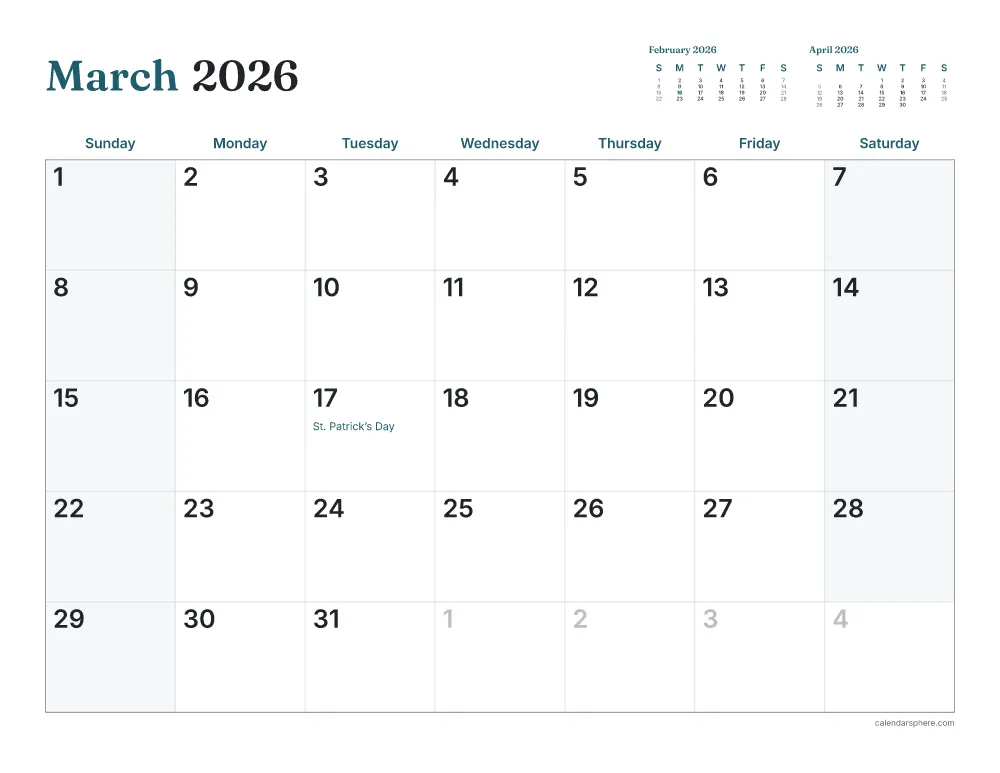 Printable March 2026 calendar in landscape, starting on Sunday, with US holidays written in