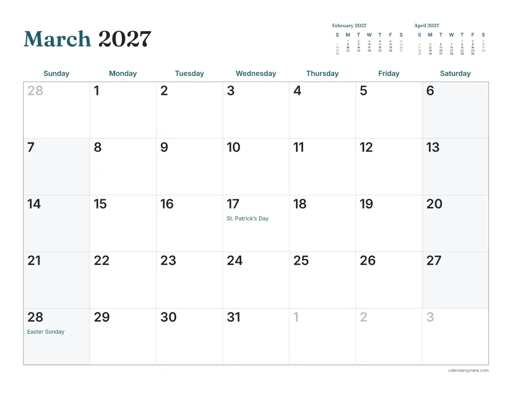 Printable March 2027 calendar in landscape, starting on Monday, with US holidays written in