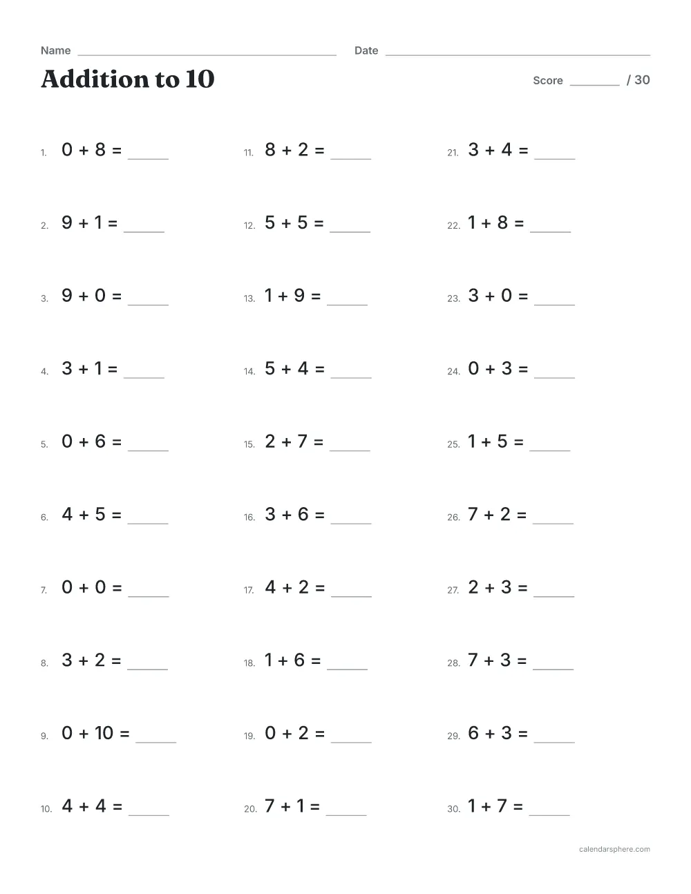 Printable math worksheets: 30 numbered addition problems up to 10 with a score box
