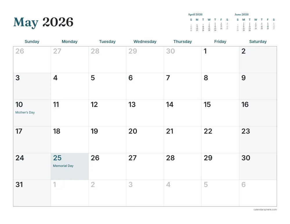 Printable May 2026 calendar in landscape, starting on Friday, with US holidays written in