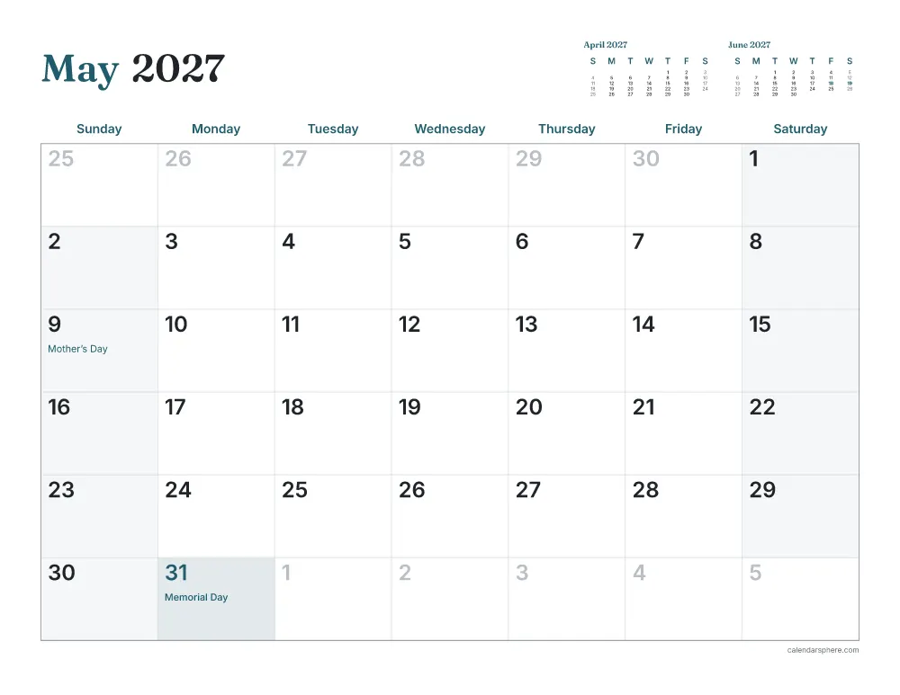 Printable May 2027 calendar in landscape, starting on Saturday, with US holidays written in