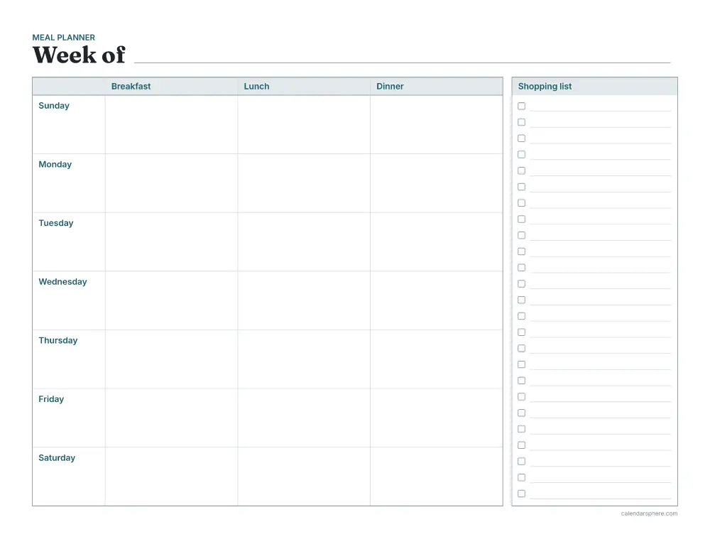 Printable weekly meal planner in landscape with breakfast, lunch and dinner for each day and a shopping list