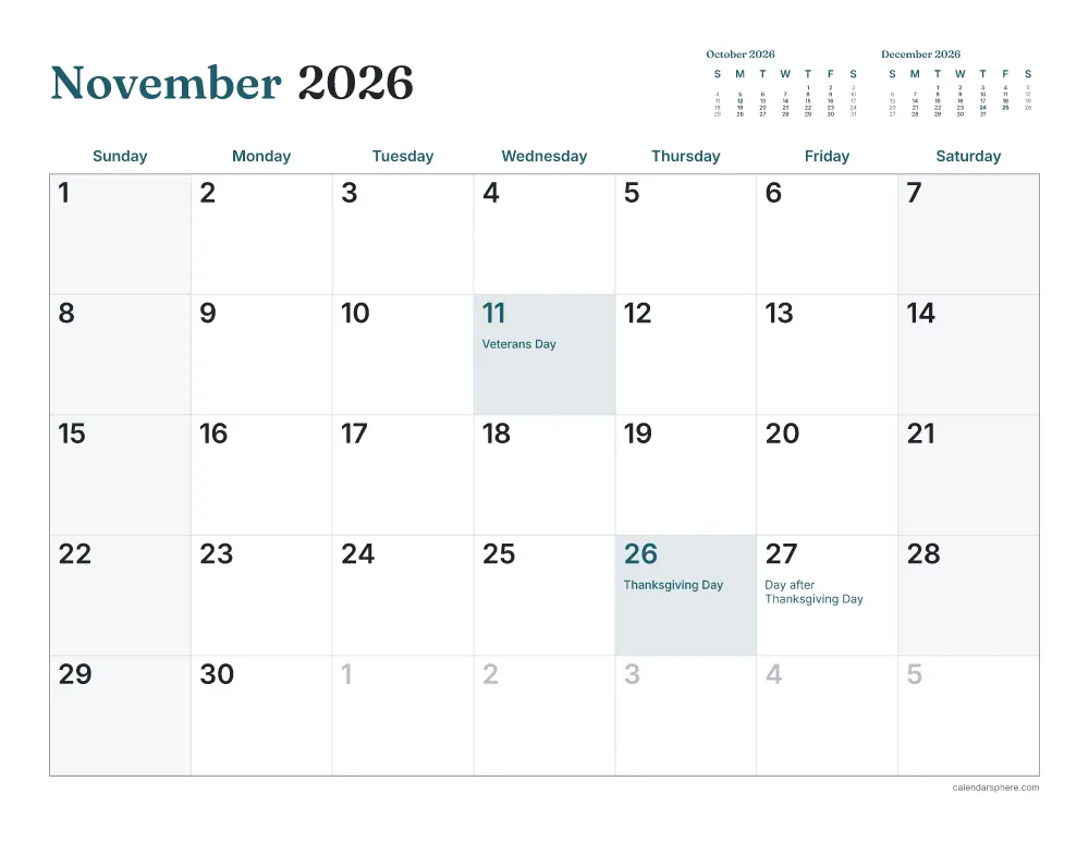 Printable November 2026 calendar in landscape, starting on Sunday, with US holidays written in