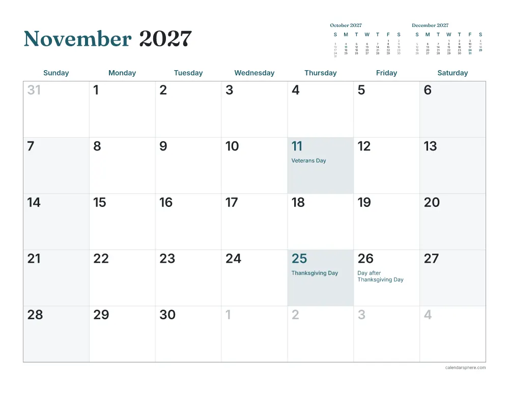 Printable November 2027 calendar in landscape, starting on Monday, with US holidays written in