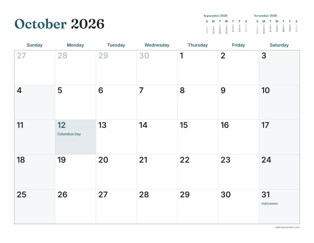 Printable October 2026 calendar in landscape, starting on Thursday, with US holidays written in
