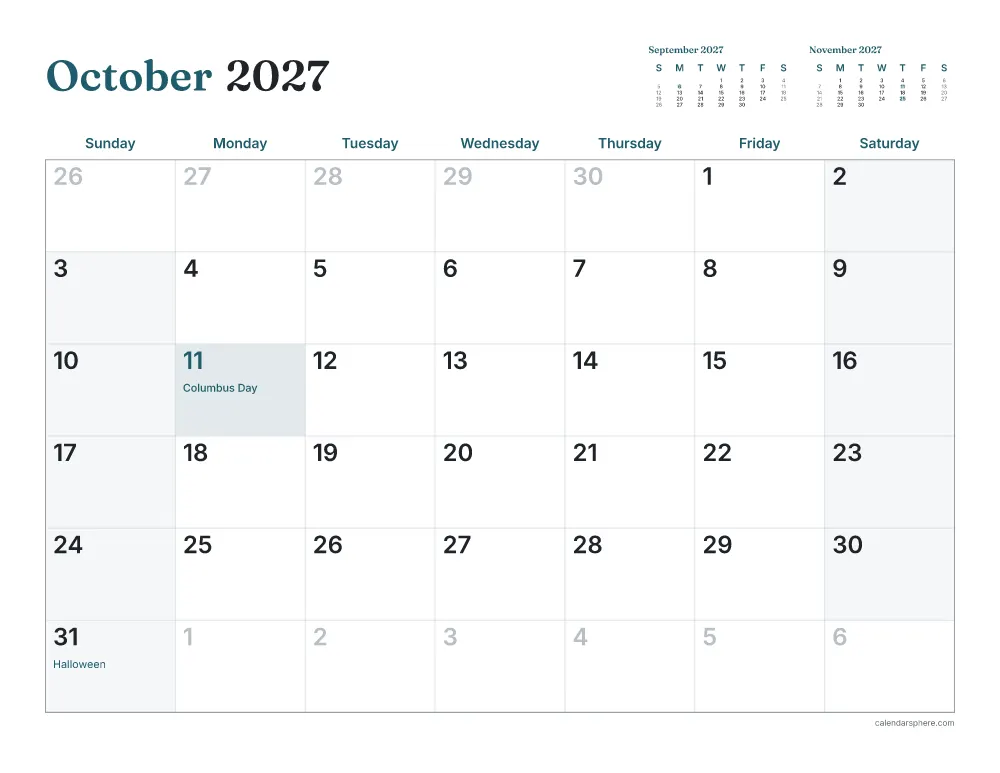 Printable October 2027 calendar in landscape, starting on Friday, with US holidays written in