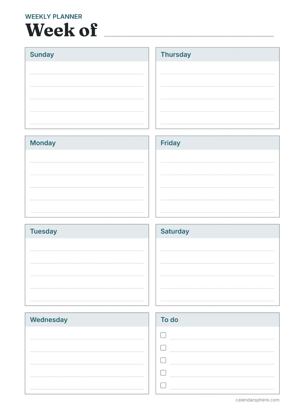A5 weekly page from the printable planner inserts, with seven day boxes, a to-do list and a wider margin for rings