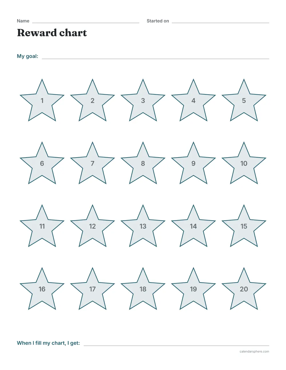 Printable sticker reward chart with 20 numbered stars, a goal line at the top and a reward line at the bottom