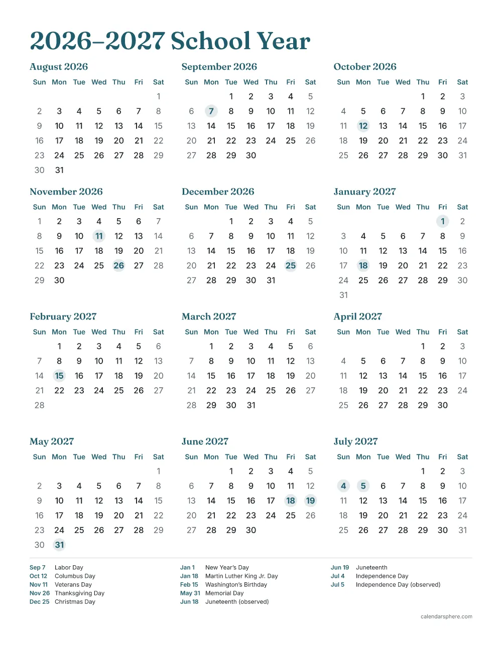 Printable 2026–2027 school year calendar from August 2026 to July 2027 on one page, with US federal holidays highlighted